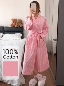 Napfluff رداء نسائي طويل من القطن 100% مخطط مع جيوب، ملابس منزلية كاجوال - بطيخ وردي اللون - مشاهدة 5