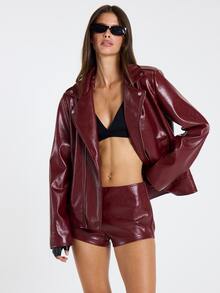 MUSERA Red PU Oversized Zip Up Detail Jacket Fall Winter Women Outfit Casual - Burgundy - View 1