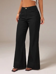 SHEIN PETITE Women's Casual Versatile Flare Leg Denim Jeans With Pockets - Black - View 6