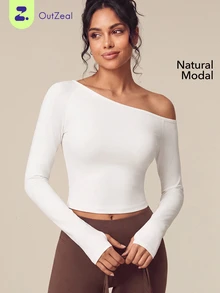 OutZeal Women Sports Tee Casual Studio Modal Slim Fit Off-Shoulder Long Sleeve T-Shirt - White - View 1
