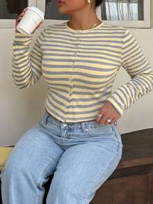 Muchica Plus Size Women's Striped Casual Daily Long Sleeve Top - Multicolor - View 4