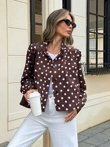 SHEIN Frenchy Jaket Wanita Lengan Panjang Berkerah Kancing Motif Polkadot Cokelat, Cocok untuk Dipakai di Musim Gugur, Mantel Musim Dingin Wanita, Atasan Motif Polkadot - Coklat - View 5