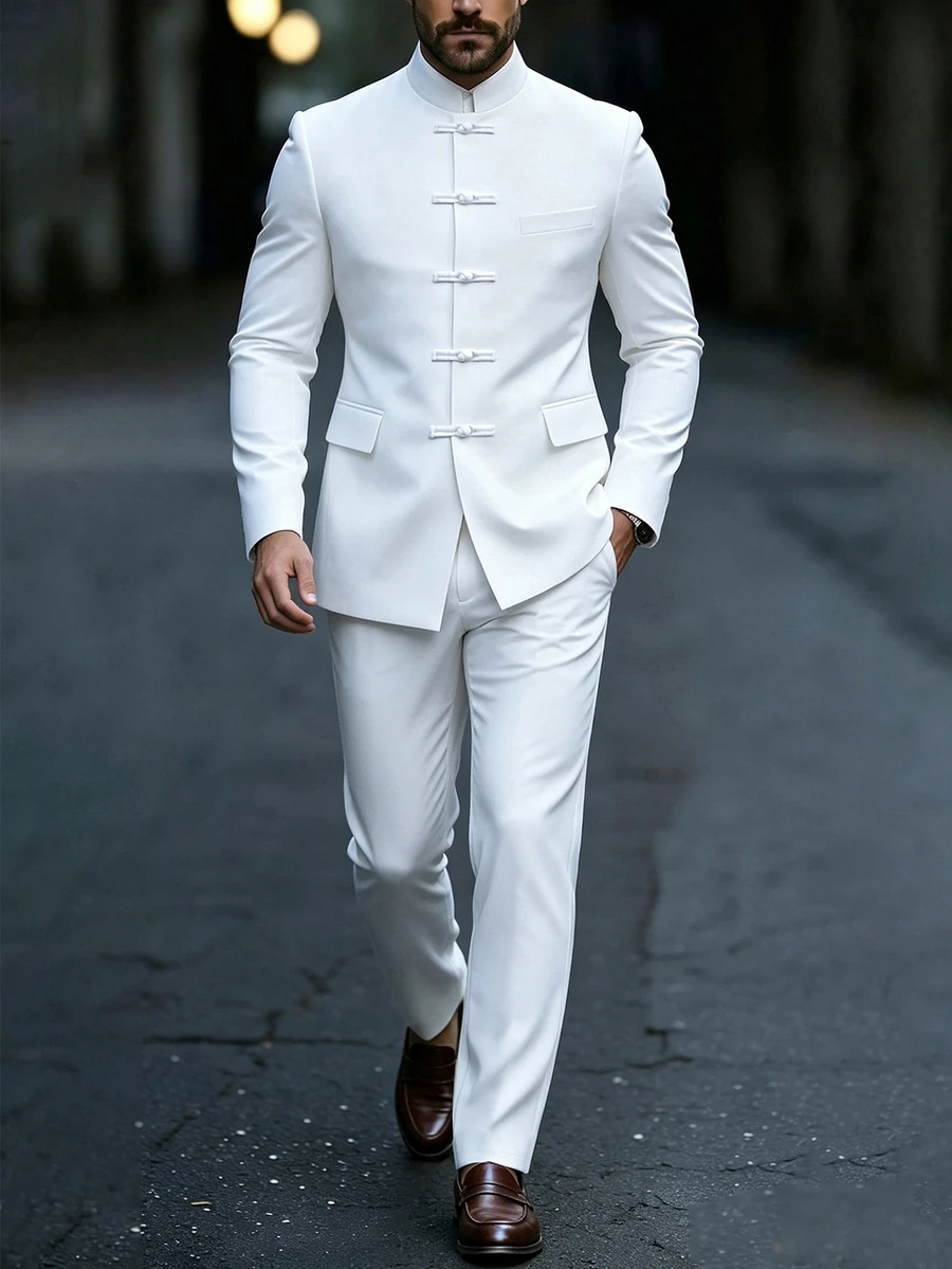 Manfinity AFTRDRK Men's Elegant Party Solid Color Stand Collar Single-Breasted Button White Suit Jacket And Pants Set, Perfect Choice For Holiday Gift - White - View 1