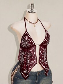 SHEIN ICON ملابس علوية نسائية Y2k سوداء مثيرة بتصميم قوطي مع مسامير معدنية وشبكة برقبة معلقة وحافة مشقوقة مثيرة - عنابي اللون - مشاهدة 9