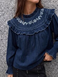 Nöista 女款花卉刺繡圖案休閒日常穿著襯衫 - 寶藍色 - 查看 5