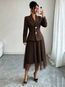 Elenzga Women's Fashion Elegant Long Sleeve Asymmetric Metal Button Double Pocket Blazer And Elastic Waist Sun-Pleated Mesh Skirt Suit Set, Suitable For Daily Commute Wear - Brown - View 4