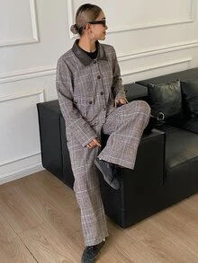DAZY Women's Brown Plaid Lapel Button Pocket Long Sleeve Cropped Jacket With Matching High Waist Loose Wide Leg Long Pants 2 Pieces Set - Black - View 8