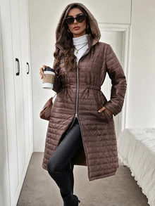 SHEIN LUNE 女款冬季加厚保暖內裡黑色連帽毛絨填充外套 - 咖啡棕 - 查看 1