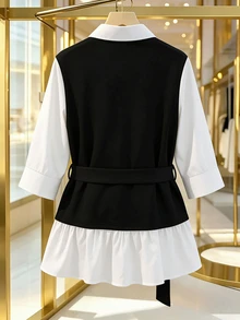 SHEIN Clasi Plus Size Minimalist Casual Versatile Colorblock Collared Long Sleeve Top For Women - Black and White - View 2
