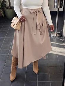 Slaydiva Plus Size Women's Skirt, Khaki Tie Waist Asymmetrical Slit Flowy Midi Skirt Fall - Khaki - View 9