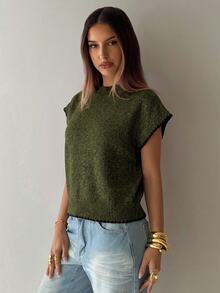 Aloruh Women's Round Neck Contrast Trim Shell Embroidery Sweater Vest, Suitable For Daily Wear - Army Green - View 3