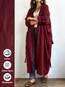 Linhara CURVE Jaket Linen Panjang Kasual Wanita, Atasan Kasual untuk Jalan-jalan dan Berpergian - Burgundy - View 4