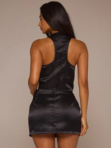MUSERA ESSENTIALS Black Satin Plunge Racerback Crop Top Autumn Winter Night Out Day To Eve - Black - View 4