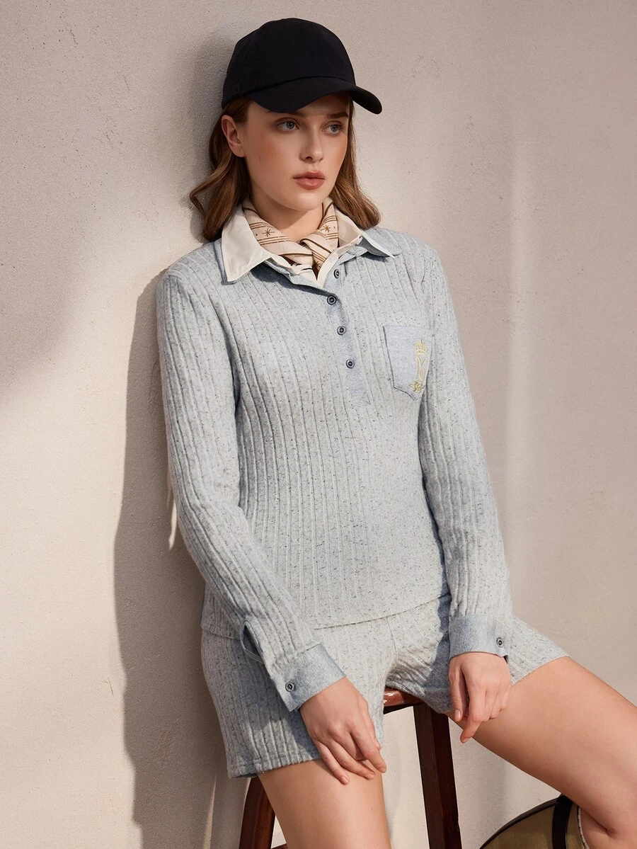 Nima Coro Women's Polo Collar Long Sleeve Ribbed Top And Shorts Casual 2 Pieces Set - Grey - View 1