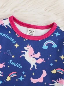 Cozy Pixies 女嬰針織修身睡衣套裝，獨角獸彩虹印花、深色螢光效果，圓領長袖上衣搭配條紋修身長褲，修身版型，適合早秋與秋冬穿著，柔軟舒適可愛風 - 彩色 - 查看 5