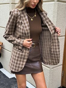 SHEIN LUNE 休閒通勤女款西裝外套 長袖 秋冬格紋 日常基礎時尚外套套裝 - 棕色 - 查看 8
