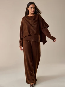 SHEIN طقم نسائي من قطعتين كنزة فضفاضة مع شال ملفوف بتفاصيل باللون البني وبنطال كنزة كاجوال متناسق - بني - مشاهدة 5