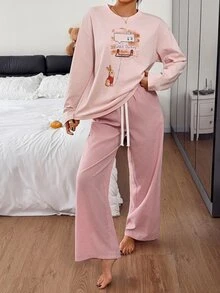 DAZY Cartoon Bunny Pattern Long-Sleeved T-Shirt And Straight-Leg Plaid Pajama Pants 2-Piece Women's Pajama Set - Pink - View 8