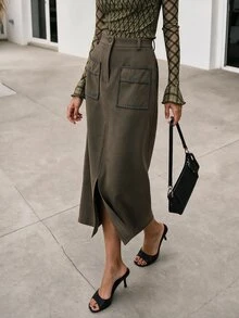 Nöista Misi Skirt Contrast Piping And Front Slit Opening - Khaki - View 2
