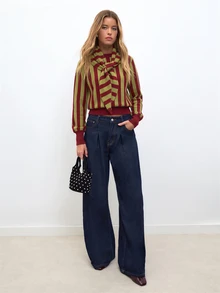 Nöista Vertical Stripes Round Neck Knit SWEATER - Khaki - View 1