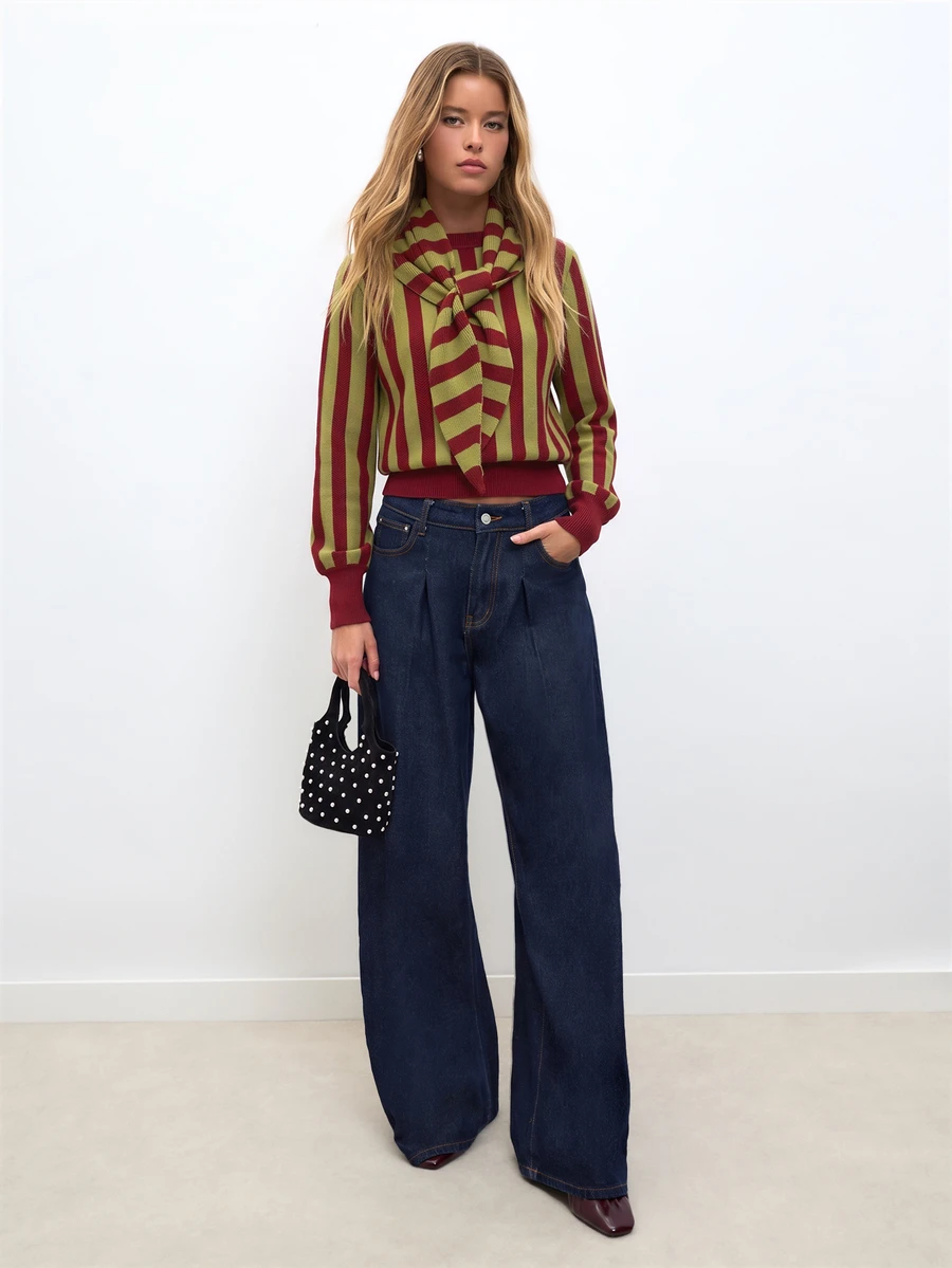 Nöista Vertical Stripes Round Neck Knit SWEATER - Khaki - View 1