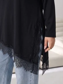 Solflare Plus Size Women Solid Color Round Neck Asymmetrical Hem Contrast Lace Casual Loose Long Sleeve T-Shirt - Black - View 6