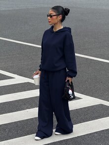 Muchica 女款 2 件組休閒極簡連帽衫套裝，純色運動衫套裝，適合約會、度假、派對、日常穿著、聚會、戶外活動 - 藏蓝色 - 查看 3