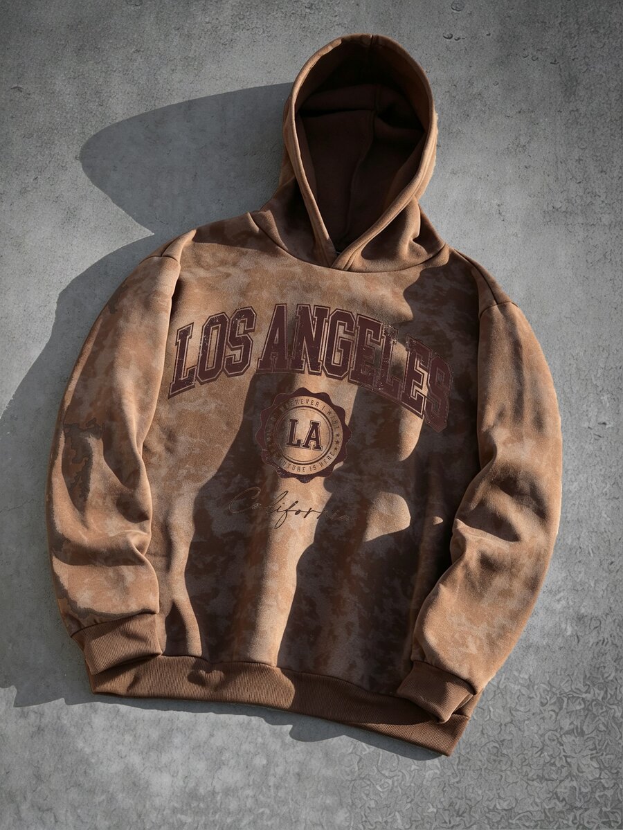 Men's Letter Graphic Casual Daily Hoodie - Coffee Brown - View 1