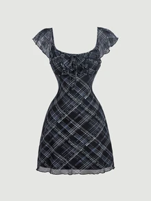 Skyraze Women's Plaid Front Tie Ruffle Sleeve Fashion Mini Dress - Black - View 1