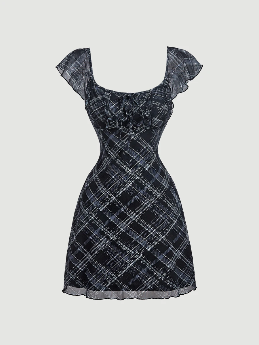 Skyraze Women's Plaid Front Tie Ruffle Sleeve Fashion Mini Dress - Black - View 1