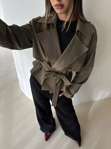 Aloruh Women's Solid Color Lapel Neck Double-Breasted Casual Trench Coat Jacket - Mocha Brown - View 5