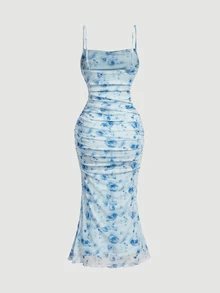 SHEIN MOD 女款純色喇叭袖前綁帶上衣與花卉印花百褶魚尾下襬細肩帶洋裝優雅兩件套 - 藍色 - 查看 8