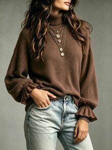 LUMIGAL Women's Solid Color High Neck Drop Shoulder Long Sleeve Loose Top - Apricot - View 7