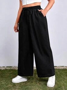 SHEIN EZwear 大尺碼女款純色抽繩腰休閒日常牛仔褲 - 黑色 - 查看 3