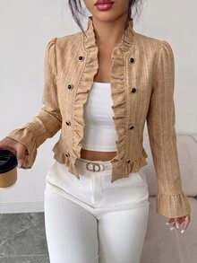 SHEIN Elenzya 女款雙排扣休閒法式優雅百搭長袖夾克外套 辦公通勤黑色秋季 - 棕色 - 查看 3