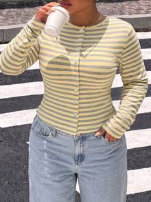 Muchica Plus Size Women's Striped Casual Daily Long Sleeve Top - Multicolor - View 3