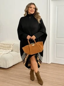 SHEIN CURVE+ فستان كنزة بياقة عالية من الجاكار بألوان متباينة مقاس كبير - متعدد الألوان - مشاهدة 5