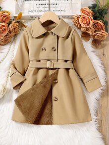 Elladie kids 女童簡約雙排扣中長版風衣，春秋時尚腰帶夾克 - 卡其色 - 查看 4