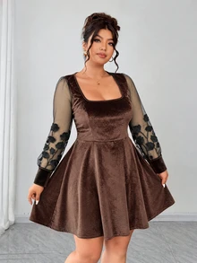 Elenzga Women's Plus Size Square Neck Solid Color Mesh Patchwork Embroidered Long Sleeve Cinched Waist Full Skirt Elegant Dress - Brown - View 3