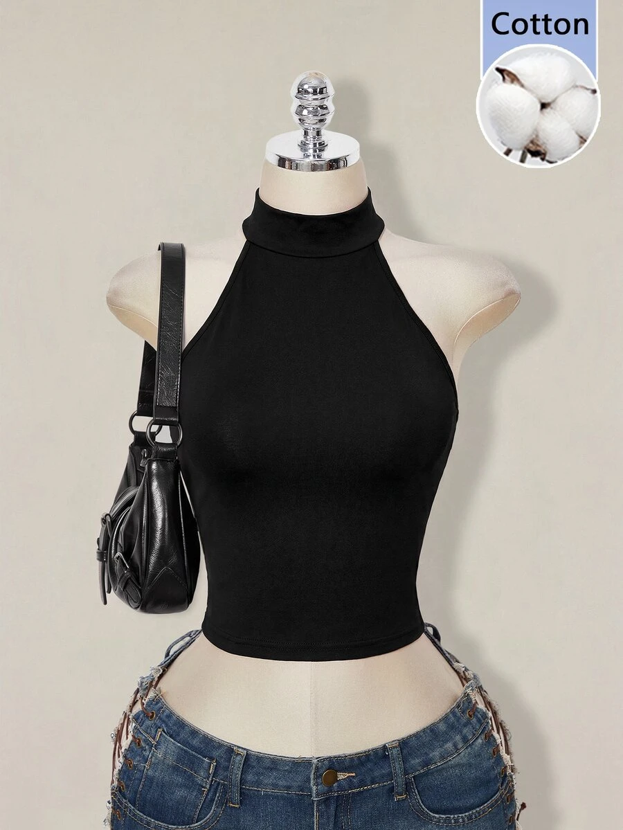 SHEIN ICON 女款純色修身百搭日常穿著掛脖式T恤 - 黑色 - 查看 1