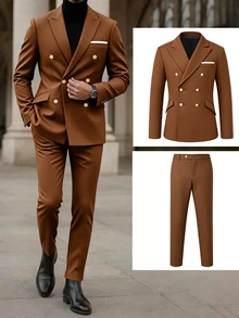 Calvornis Men's Black Double-Breasted Peak Lapel Woven Twill Suit Set - Brown - View 1