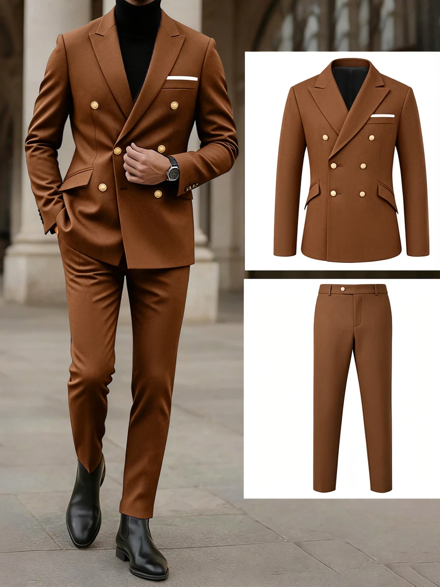 Calvornis Men's Black Double-Breasted Peak Lapel Woven Twill Suit Set - Brown - View 1