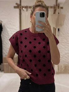 Louniche 秋冬新款卡其色波點休閒優雅復古慵懶針織背心女款針織上衣，適合休閒日常通勤居家辦公穿著，女款優雅針織上衣 - 紅色 - 查看 6