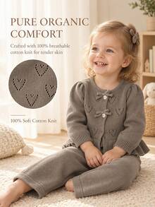 SHEIN Gentle Style Baby Girl Hollow Heart Jacquard Knit Set, Bow Knot Button Cardigan, Frill Trim Sweater, Flare Pants, 2 Pieces Set - Camel - View 1