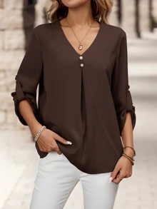 Medorina Women's Solid Color Casual Versatile Daily Wear Shirt - Brown - View 4