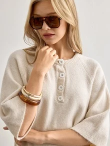 SHEIN طقم نسائي من قطعتين كاجوال بلون بيج حجري، كنزة فضفاضة بأزرار أمامية وبنطلون كنزة بساق واسعة - كريم - مشاهدة 5