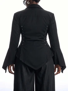 LYSMO Blazer Wanita Ukuran Besar Warna Polos dengan Desain Tali, Kasual, Serbaguna untuk Perjalanan dan Berkomuter. - Hitam - View 2