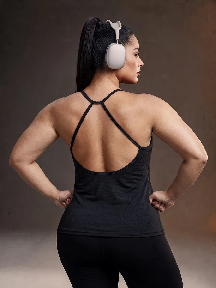 Powerista Women's Plus Size Backless Racerback Loose Black Jacquard Fabric Sports Tank Top - Black - View 1