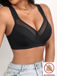 SHEIN 1pc Women's Wire-Free Padded-Free Striped Bow Bra - Black - View 4