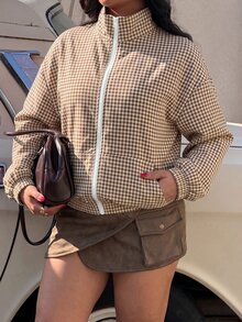 Muchica 格紋休閒女款大尺碼前拉鍊夾克 - 杏色 - 查看 6